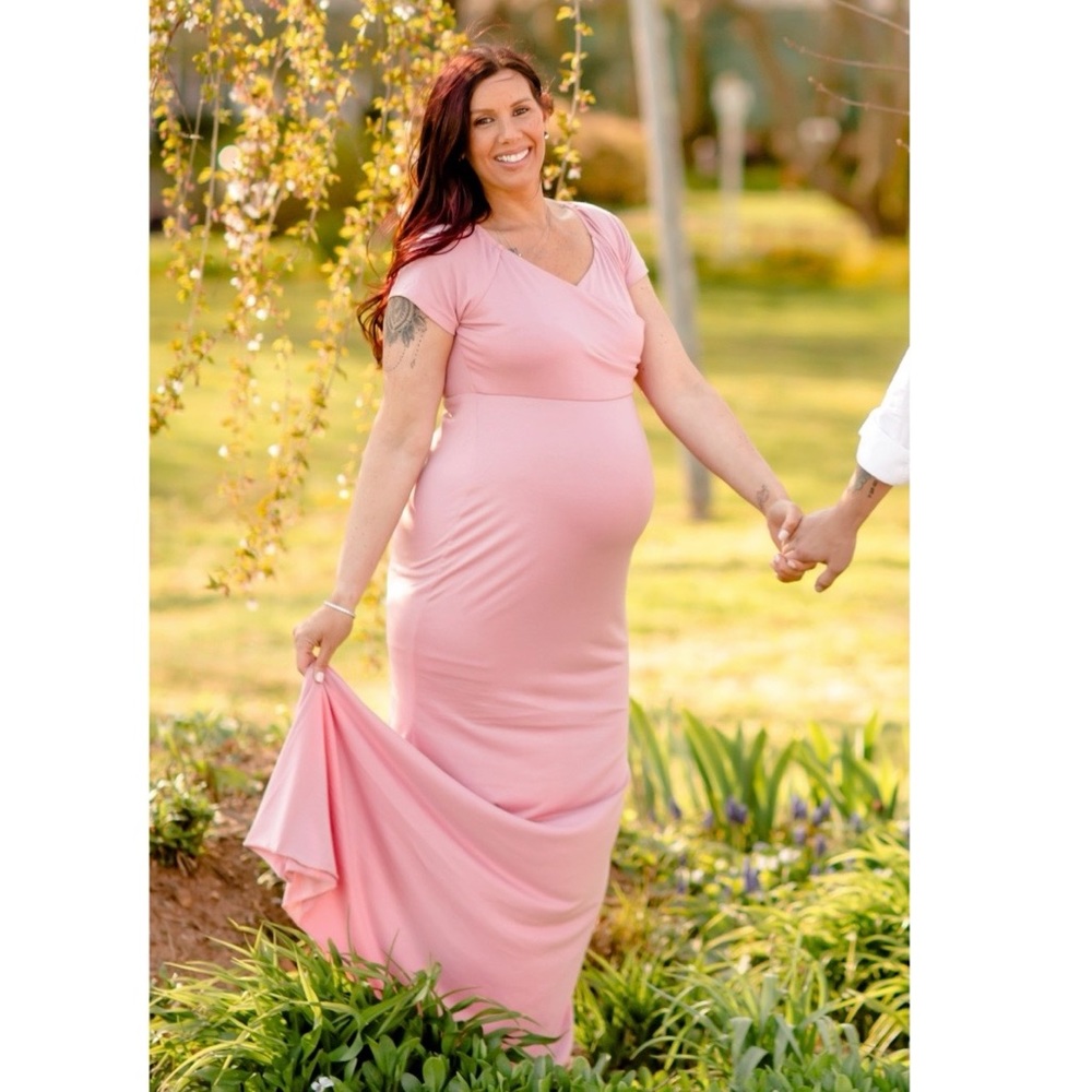 pink floor length maternity gown